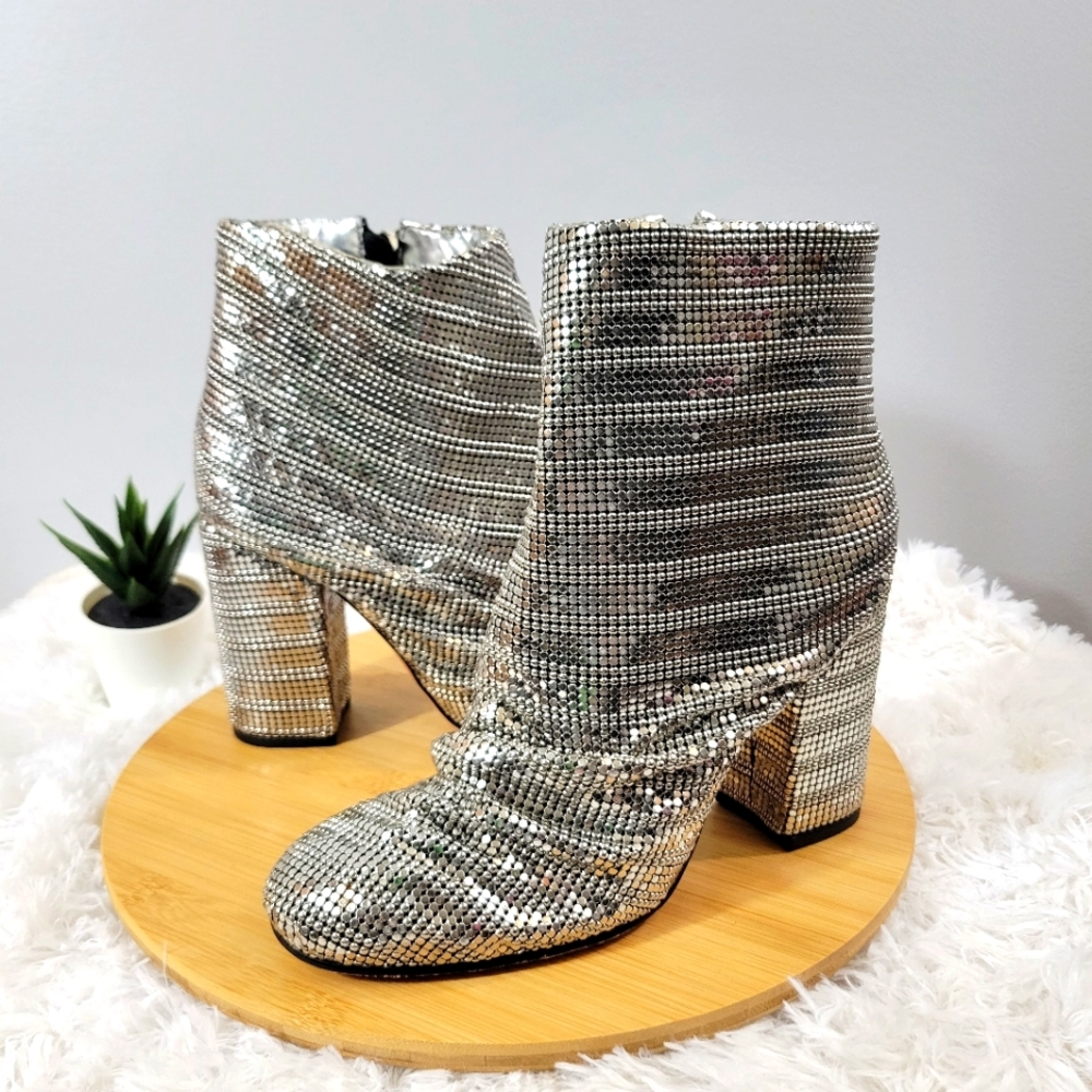 SCHUTZ Taise Prata chainmail silver metallic chunky heel disco ankle boots